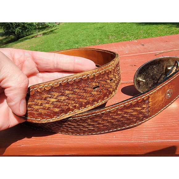 Vintage Kirkpatrick Brown Basket Weave Leather Belt Size 34, Buckle, Shooting - Picture 6 of 12